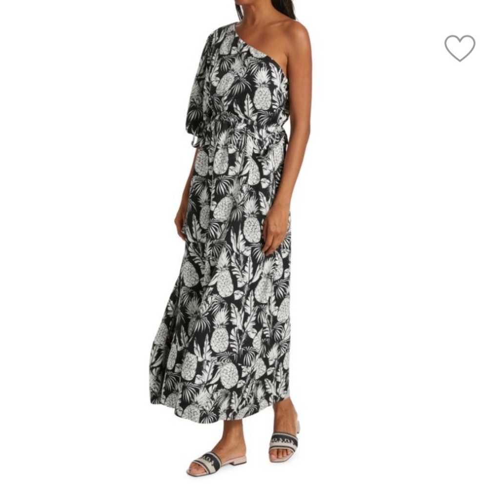 Elie Tahari Pineapple One Shoulder Tropical Vacation Midi Dress